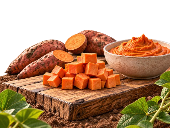 Sweet potato cubes and puree bowl for food industry applications