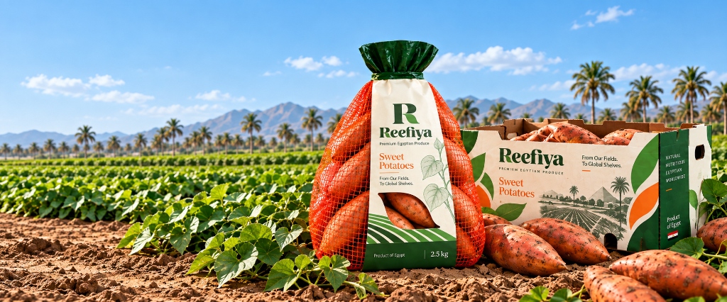 Reefiya Sweet Potatoes packaging scene with export bags and boxes in Egyptian farm