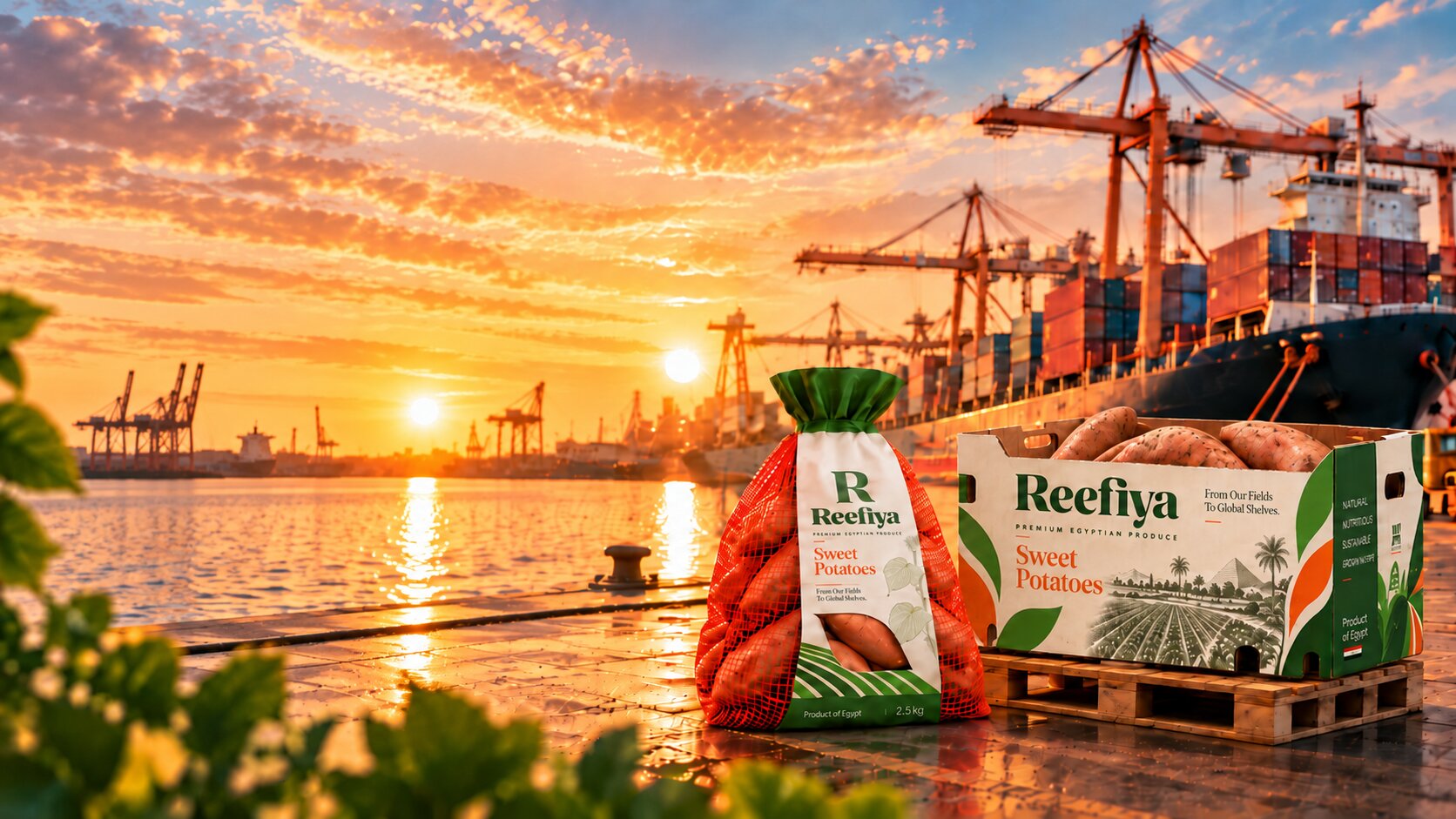 Reefiya Export Desk - Cargo Ships and Sweet Potato Pallets at Harbor