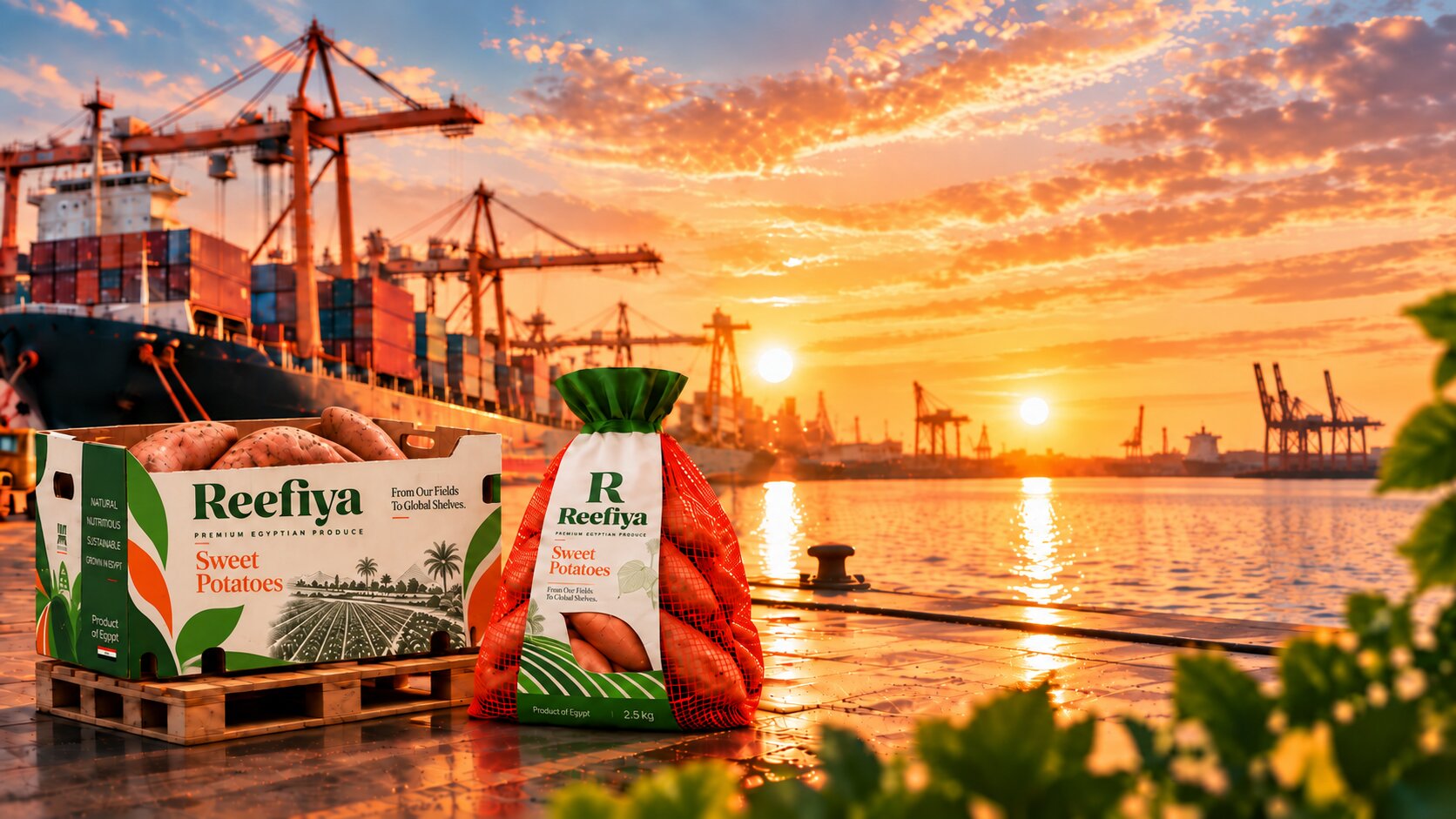 Reefiya Export Desk - Cargo Ships and Sweet Potato Pallets at Harbor